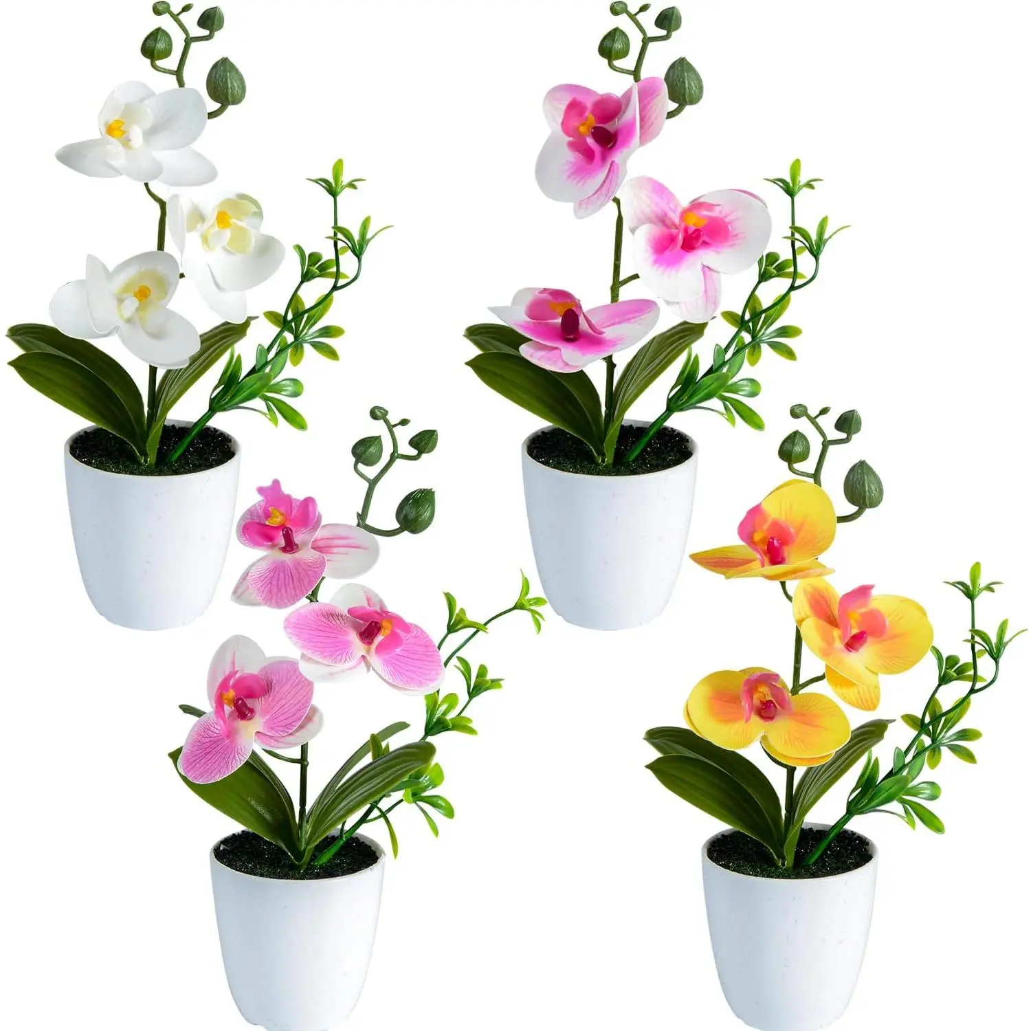 4 count Artificial Orchid  Mini Potted Orchid   Orchids with Plastic Vase for Home Office Wedding Table Centerpiece Decoration(White,Yellow,Pink,Light Pink)