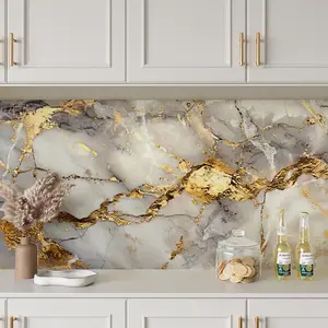 Gold Marble Self-Adhesive Wallpaper Roll, High Temperature Resistant Waterproof PVC Wall Sticker, Kitchen Bathroom Dining Room Decor