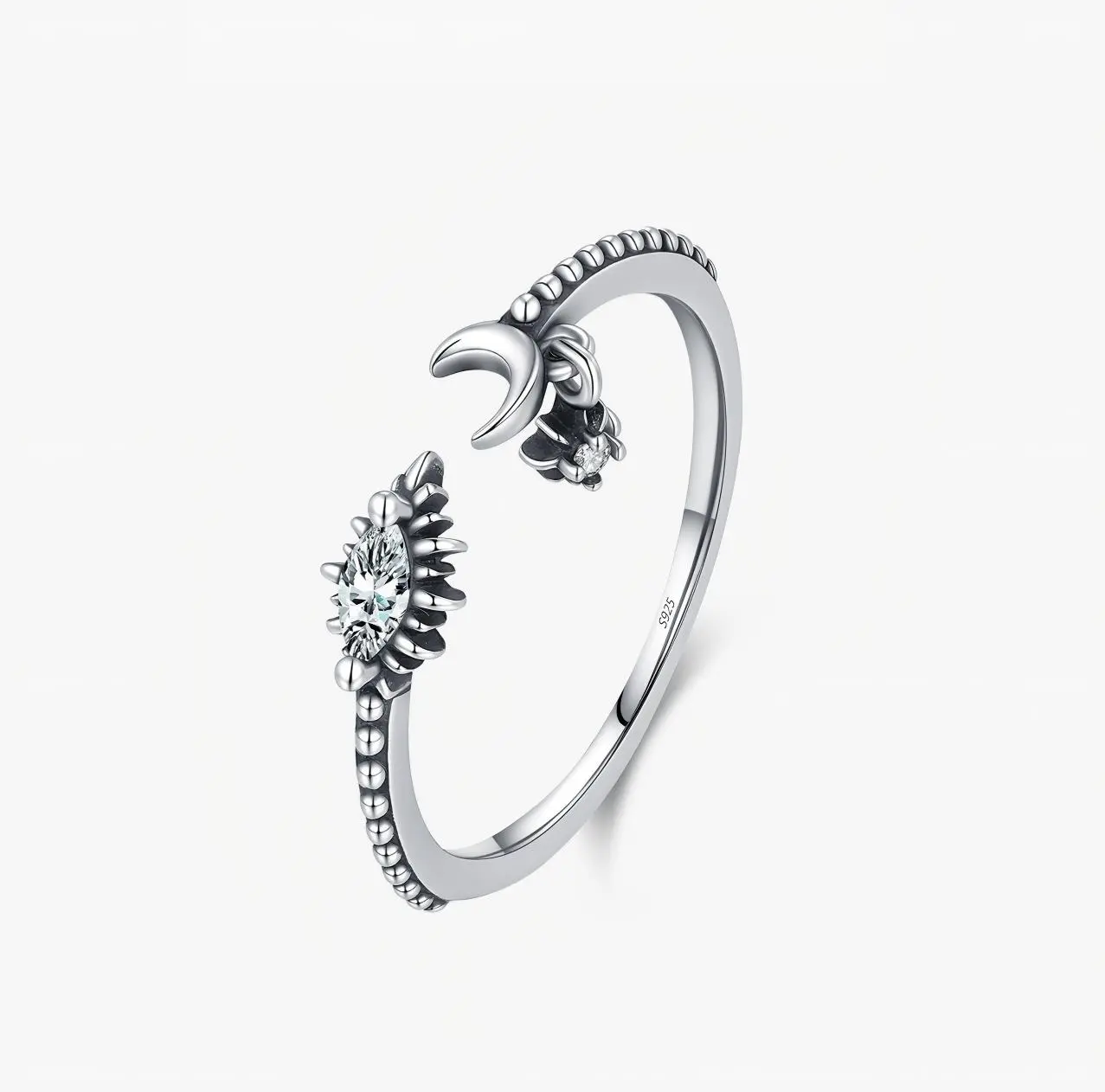 QUEENDO S925 Silver Sun Moon Star Open Ring, Marquise Shiny Stone Adjustable Open Band Ring, Vintage Bohemian Celestial Stackable Ring, Minimalist Daily Party Jewelry Gift