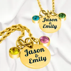 Personalized Gold Couple's Birthstone Necklace - 18K PVD Gold Plated Stainless Steel, Custom Engraved Names, Cubic Zirconia Birthstones, Hypoallergenic & Waterproof Gift Jewelry