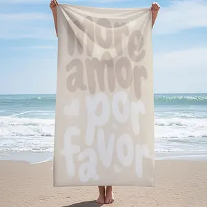 1pc Large Bohemian Outdoor Beach Towel, Beige with White "More AMOR POR FAVOR" Font & Heart Print, Ultra-Soft, Quick-Drying, Breathable, Enlarged Rectangular, Suitable for Beaches, Pools
