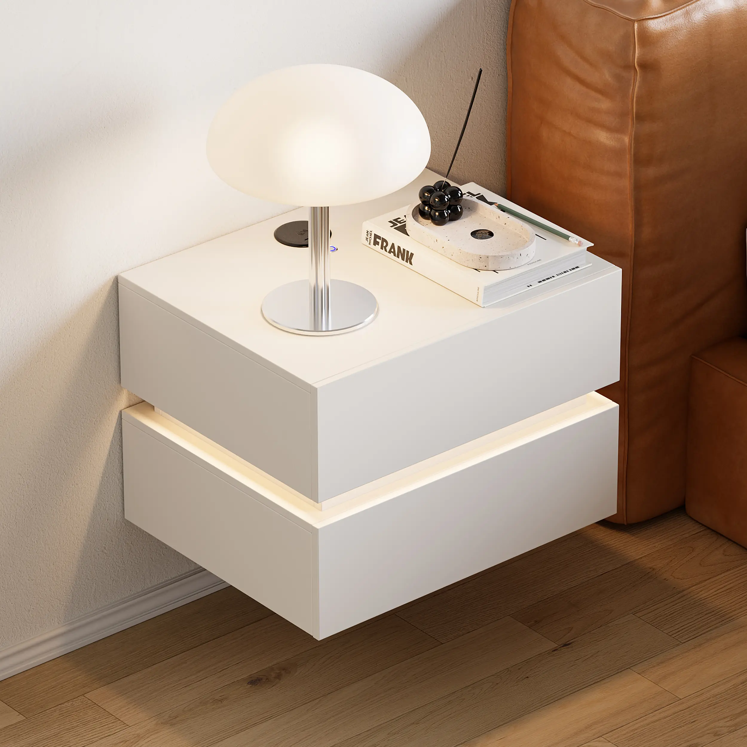Homary Lumio White 2-Drawer Floating LED Nightstand with Charging Station,dorm essentials,home decor