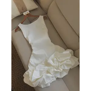 Edge Trendsetter Womens White Mermaid Dress Ruffled Hem Symmetrical Train Sleeveless Round Neck For Wedding Guest Lace vestido de novia pastora blanco transparente branco Slimming Strapless Bridal Gown gypsy wedding dress