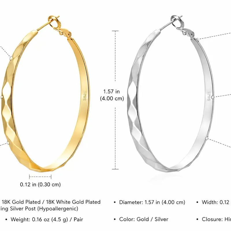 18K Gold Plated Faceted Hoop Earrings - 40mm Statement Hoops for Women
