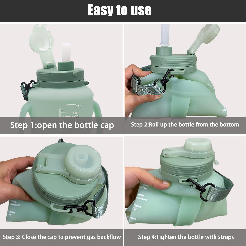 64oz Collapsible Water Bottle with Time Marker, BPA Free Silicone Foldable Water Jug with Handle & Straw, Leakproof Large Capacity Portable Water Bottle for Gym, Hiking, Travel, Sports