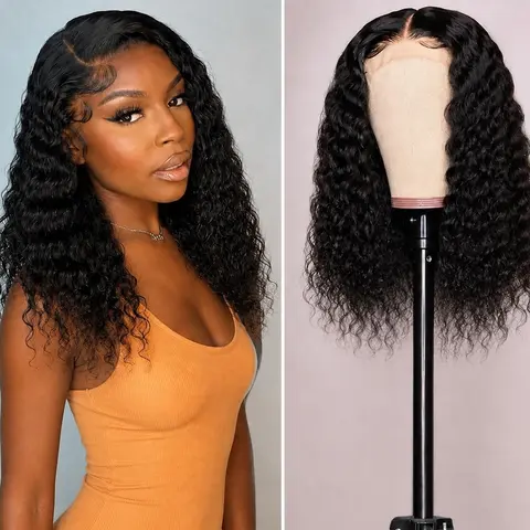 Women's 18-Inch Deep Wave Curly Human Hair Wig, 13x4 HD Transparent Lace Frontal, 180 Density, Pre-Plucked with Baby Hair, Natural Color, Washable Female Lace Front Wig