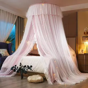 Princess Bed Canopy for Girls & Adults, Elegant Double-Layer Bed Curtain, Children's Dream Round Lace Mosquito Net - Fits Twin, Full, Queen, and King Beds (Pink/White)