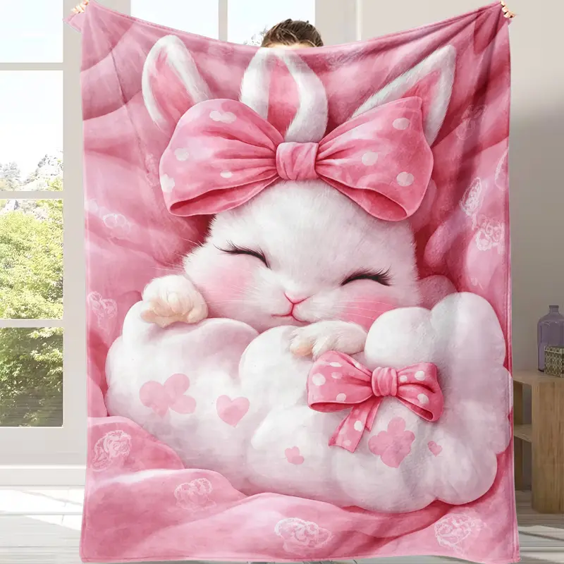 Cute Sleeping White Bunny Flannel Throw Blanket, Pink Polka Dot Bow Cloud Rabbit Blanket, Soft Cozy Pink Blanket for Sofa Bed, Perfect Gift for Girls & Coquette Aesthetic Lovers，Lightweight All Season Blanket, Soft Kawaii Bedroom Decor