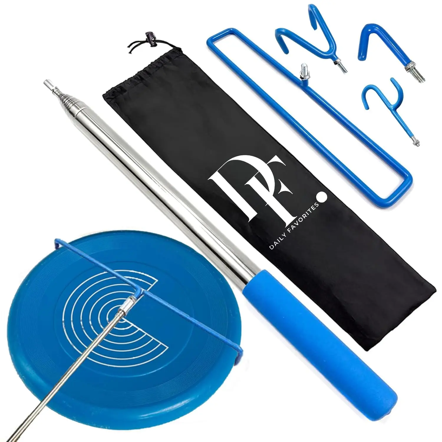 DF 4-in-1 Disc Golf Retriever Pole, 16ft Telescopic Stainless Steel Disc Retriever with Single Hook, Double Hook, Multi-Hook & Suction Cup, Portable Disc Golf Accessory for Water, Trees, Bushes & Lure Recovery