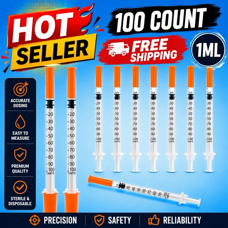 100 COUNT 1ML Syringe Dispensing Tool, W/ NEEDLE 31 G, 5/16'' 8mm, 1ml, Single-Use, Sterilized, Non-Bacterial, Non-Toxic, Disposable