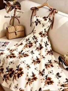 Women's Floral A-Line Skirt Dress with Tie Bow Thin Straps, Elegant Design for Vacation and Daily Wear, All over Print Style