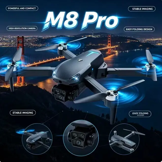 2026 M8 Pro Drone – 4K EIS Camera, GPS & 5G WiFi FPV, Brushless Motor, Optical Flow Hover, Smart Obstacle Avoidance, Auto Return, 360° Stunt Roll, Dual Batteries Included