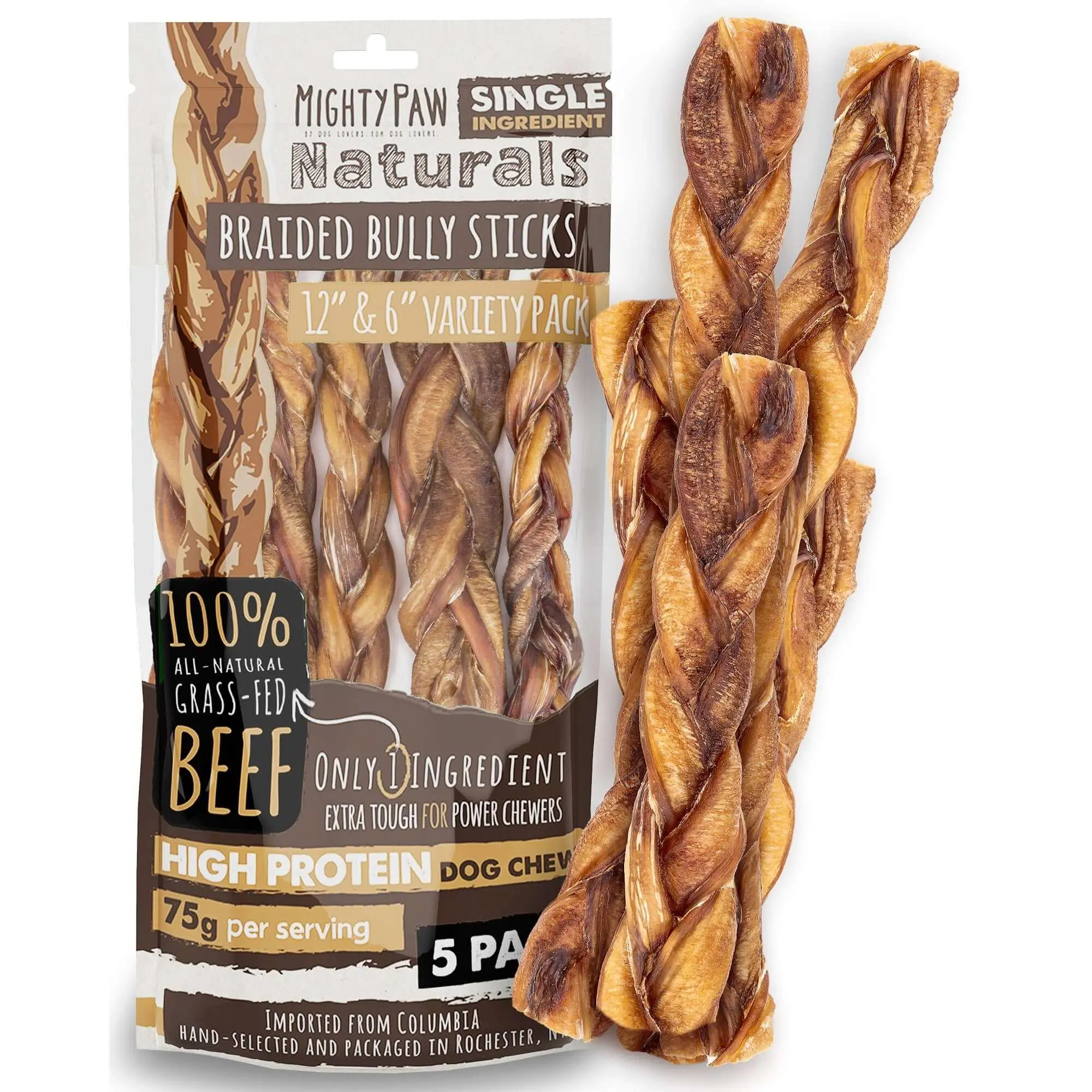 Mighty Paw Braided Bully Sticks for Large Dogs - All-Natural, Fully Digestible Treats -  Chews (5pk)