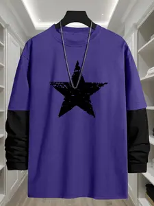 Men's Star Print 2 in 1 Long Sleeve Tee, Casual Drop Shoulder Fashionable Comfy Loose Round Neck Streetwear T-shirt for Daily Wear, Men's Top for All Seasons