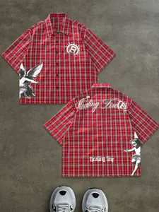 Retro Striped Short Sleeve Shirt with Letter Print, Loose-Fitting Casual Woven Top for All Seasons, Vintage Style Button Shirt, Casual Comfy Shirt, Loose Shirts