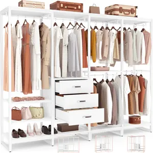 Aheaplus Wood Clothes Rack Wardrobe Closet for Hanging Clothes Heavy Duty Garment Rack, Large Corner L Shaped Closet System Organizers Walk-in Closet for Bedroom with 3 Wood Drawers, Pure White Metal Shelf
