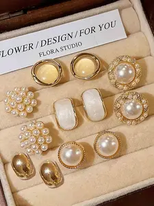 Elegant French Vintage Faux-Pearl Geometric Earrings Set, Simple-Style Women's Versatile Earrings for Daily Commute, 6 Pairs
