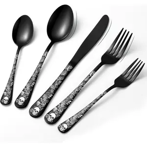 Gothic Style Flatware Set, 5/25pcs Skull & Rose Pattern Flatware Set, Stainless Steel Cutlery Set, Tableware Set for Home Kitchen