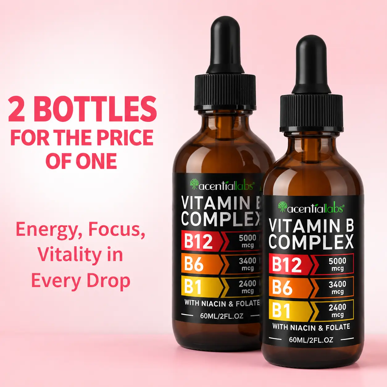 2 Pack Vitamin B12 Liquid Supplement Drops B6 B1 Niacin Folate Energy Support Daily Vitality Non GMO Gluten Free 4 Fl Oz Fitness Dietary