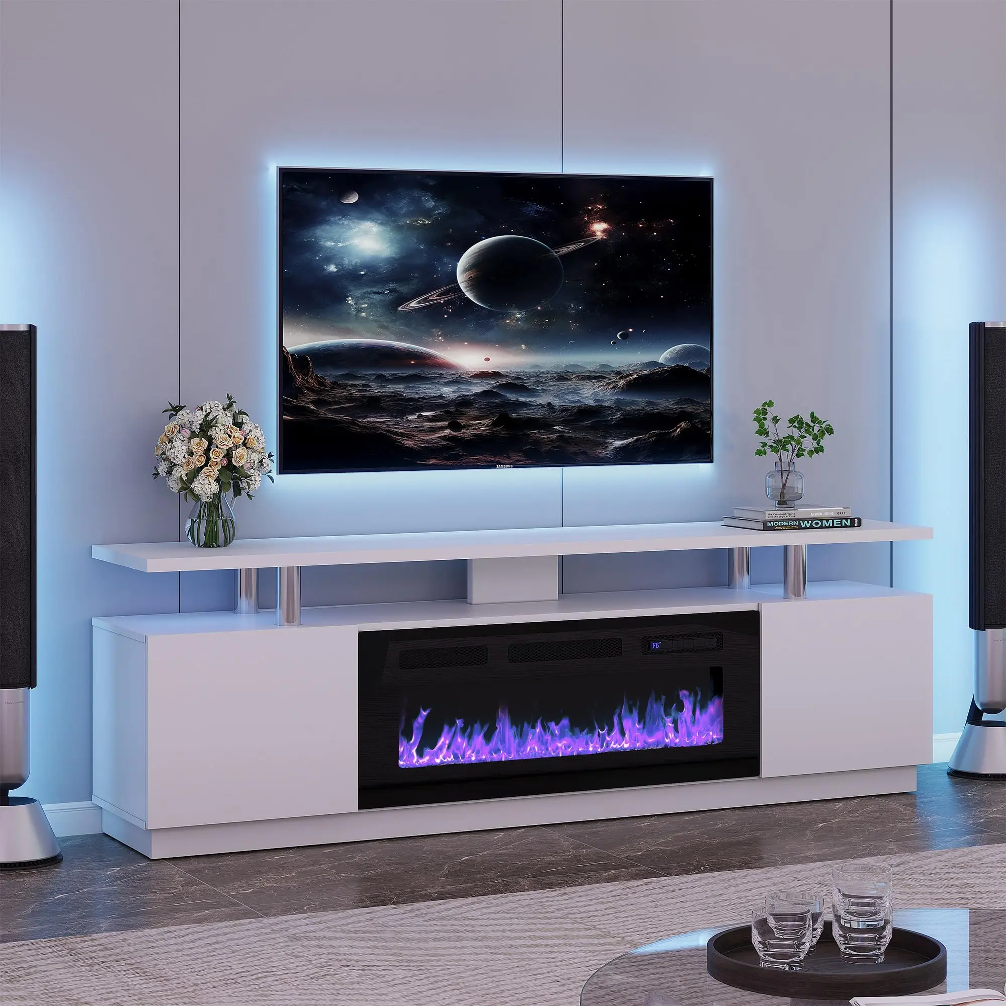 Fireplace TV Stand for TVs Up to 80", 70" Modern White Entertainment Center with 36" Electric Fireplace,LED Lights, Storage Cabinets and Open Shelves Tv Console Table