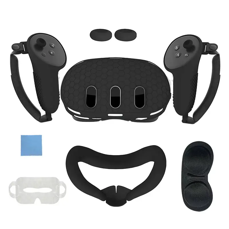 Silicone VR Protective Case Set, VR Accessories for Oculus/Meta Quest 3, Including 1 Headset Cover, 1 Face Cover, 1 Lens Cover & 2 Controller Covers with Knuckle Strap, Vr Devices Accessory，enhance gaming，gaming accessory，VR headset case.