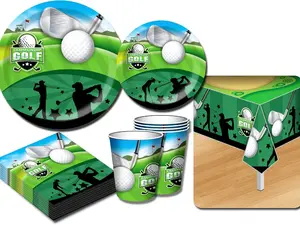 Deluxe Golf Theme Party Supplies Pack for 20 People by Matty's Toy Stop: 82 Piece Disposable Pack with Large Plates, Small Plates, Napkins, Cups & 2 Leak-Proof Table Covers