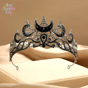 Gothic Moon-Star Rhinestone Crown, Funky Unique Accessories, Unisex Halloween Costume Headpiece for Witch Role Play Party Decoration