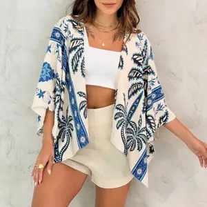 ChicMe Women's Vintage Tropical Plants & Floral Print Open Front Half Sleeve Cover-up Casual Hollow-out Back Loose Fit Cardigan
