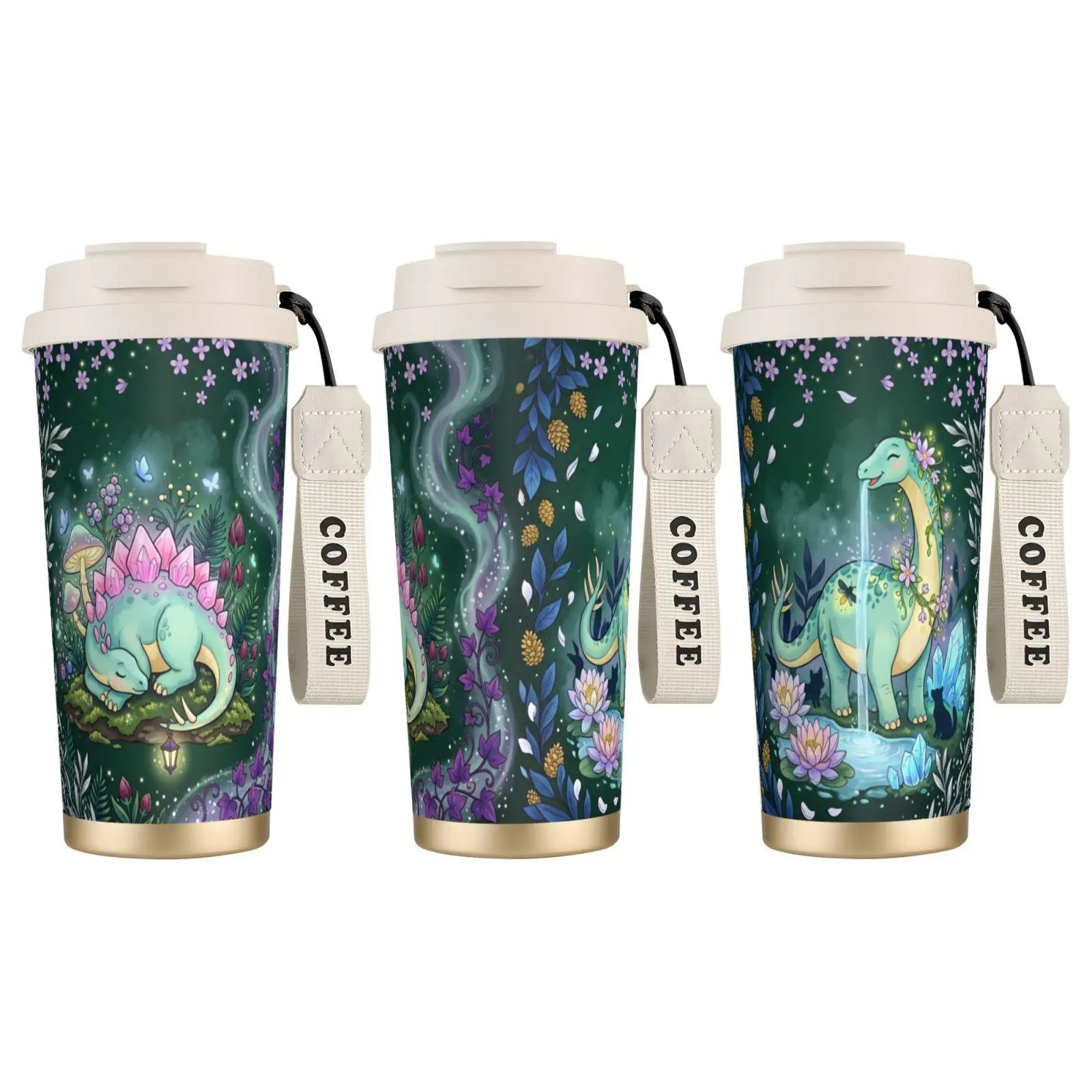 1pc 18oz Stylish Crystal Dinosaur Insulated Stainless Steel Water Bottle - Magical Forest Stegosaurus/Brachiosaurus Design, Portable Dual-Drink Tumbler with Lid, Vacuum Flask for Kids, Home Gifts, Kitchenware Drinkware Bottles, Water Bottles