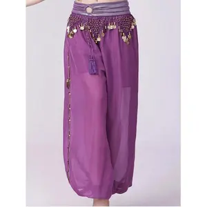 WomenChiffonBellyDanceHaremPantsArabicBellydancePantsBloomersTrousersWithGoldTrimTasselsWomenDancingPants