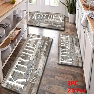 2/3pcs Flannel Kitchen Mat Set, Weathered Wood Texture, Non-Slip, Absorbent, Modern Style, Home Decor, Kitchen Floor Mat, Kitchen Runner Rug