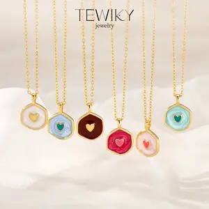 TEWIKY Greenish Spring Jewelry  irregular Love Necklace for Women Dainty Simple Fluorescent dual-color drip heart round Pendant with Enamel & Cubic Zirconia Gem Elegant Hypoallergenic Party Daily Wear For Fashionable and unique items,Holiday gifts