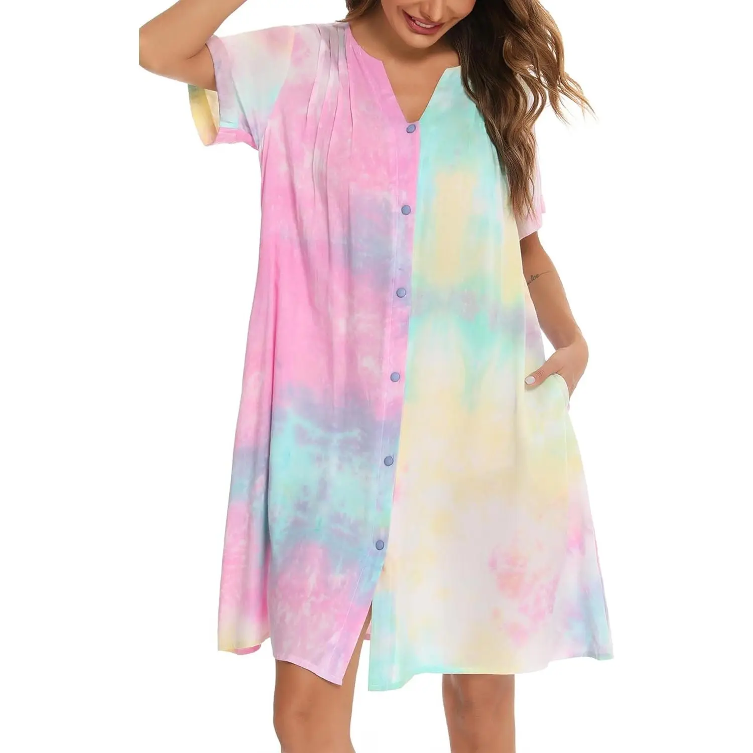 House Dress Women Cotton Duster Robe Short Sleeve Housecoat Button Down Nightgown