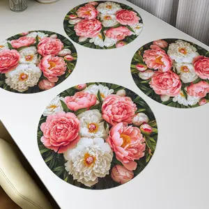 4pcs Romantic Floral 15-Inch Round Polyester Placemats ，Peony Rose Pink&White pattern,  Perfect for Kitchen Parties and  Dining Decor, Kitchen Table Mats Vibrant Table Setting  Durable Tableware, Table Decor