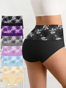 6-Pack Women's Fashion Panties Full Coverage High Waist Elegant Brief Postpartum Fit Underwear with Soft Comfy Silky Polyester Fabric, Comfortable Fit & Floral Print for Health Wear Womenswear Elastic