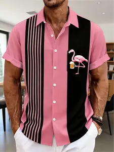 Hawaiian Stripe Flamingo Print Men's Casual Button- Short-Sleeve Striped Vacation Shirt
