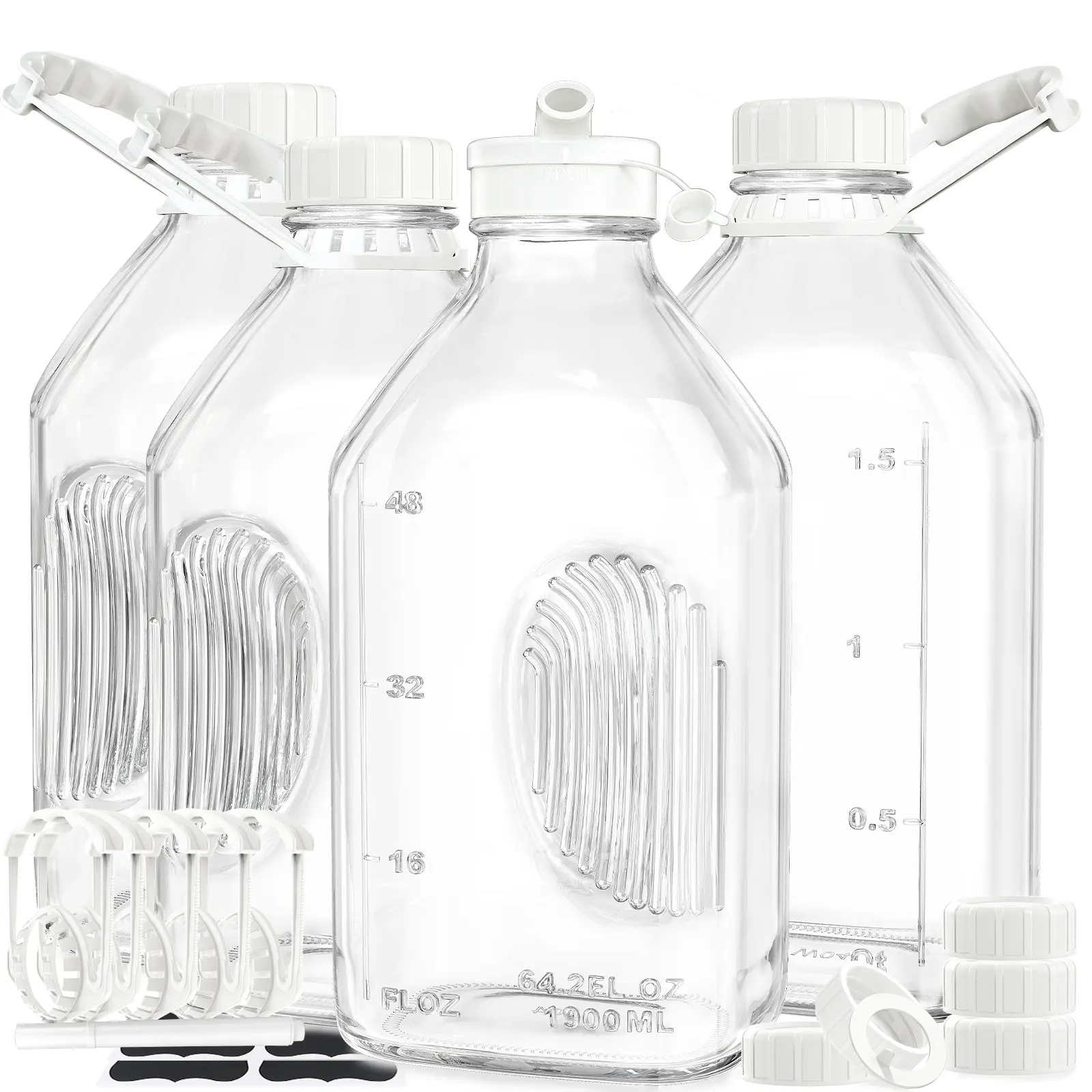 Syntic Kitchen 4-Pc 64oz Glass Jar Set with Handle, Airtight Reusable Silicone Bottle Lid, 2 Pour Spouts, Scale & 1/2 Gal Canister for Almond Milk, Oat Milk, Water, Bottlelid, Half Gallon