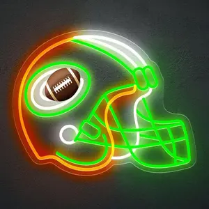 Green Football Helmet LED Neon Sign - Acrylic Back, Flicker-Free Indoor Atmosphere Lighting, Novelty Wall Decor for Game Room, Sports Fans, Decorative Neon Light