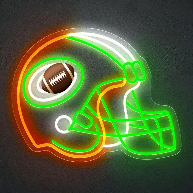 Green Football Helmet LED Neon Sign - Acrylic Back, Flicker-Free Indoor Atmosphere Lighting, Neon Lamps, LED Lights, Sports Fan Decoration for Game Room Indoor Use by summerwins, Plug-In Unit