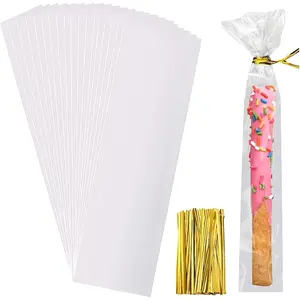 200 Pcs Pretzel Rod Bags 2x10 Inches, Small Clear Individual Plastic Cello Cellophane Treat Bags with Twist Ties for Chocolate Candies Cookies Candy Packaging Wrapping Gift Giving Party Favors
