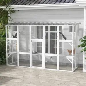 Catio Playground Cat Window Box Outside Enclosure for Multiple Cats w/ Shelves & Bridges White 118" L x 37.5" W x 74" H Weather-Resistant Cat Patio