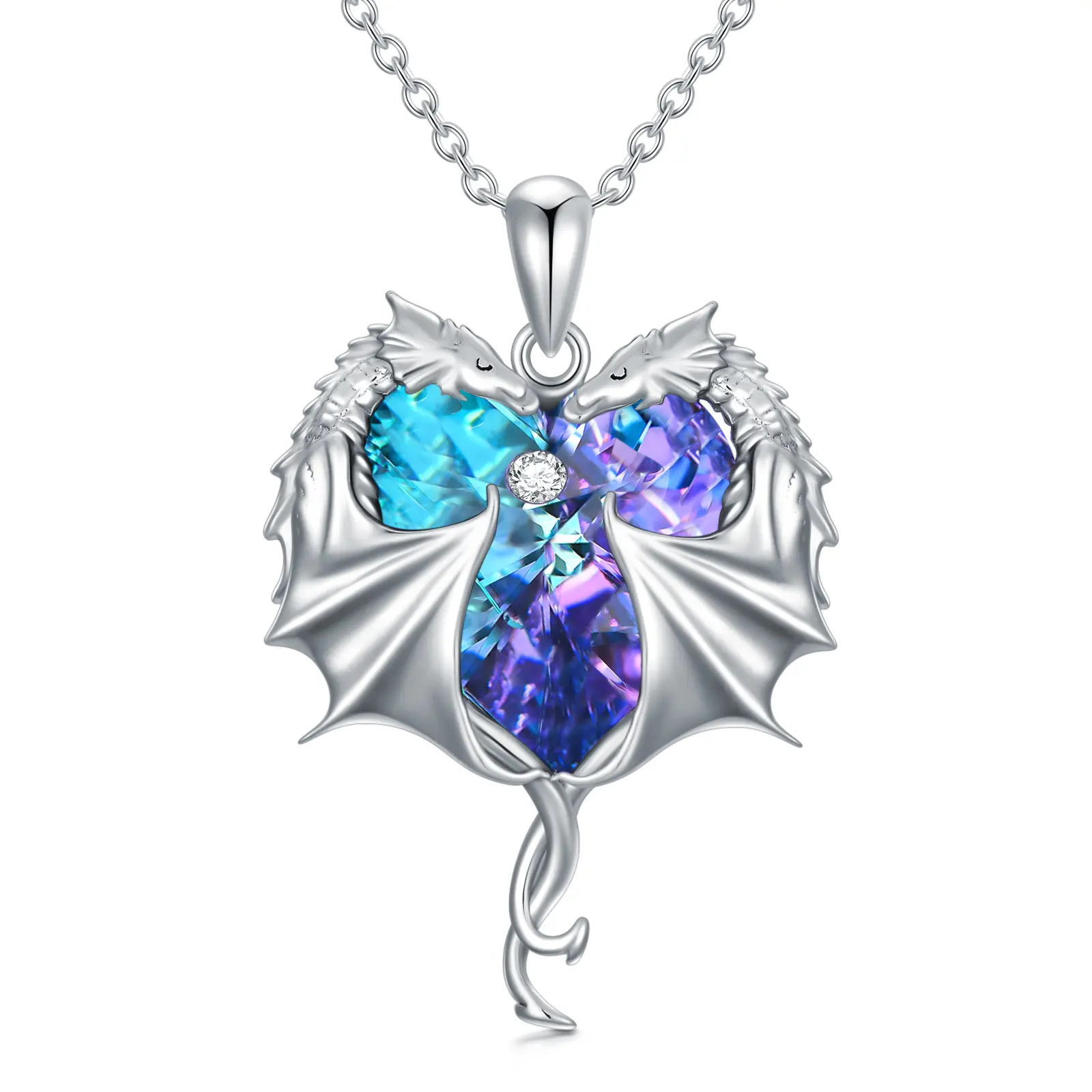 Dragon Crystal Necklace Heart Pendant, 925 Sterling Silver Neckalce, Mother's Day Gift Silver Jewelry Gift for Women Girls