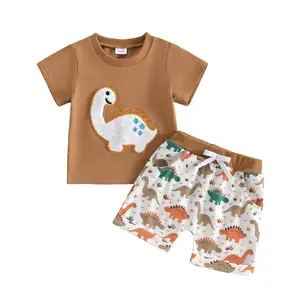 Toddler Baby Boy Dinosaur Two Piece Outfit Short Sleeve T Shirt Tops Dinosaur Print Elastic Waist Shorts Summer Beach Clothes