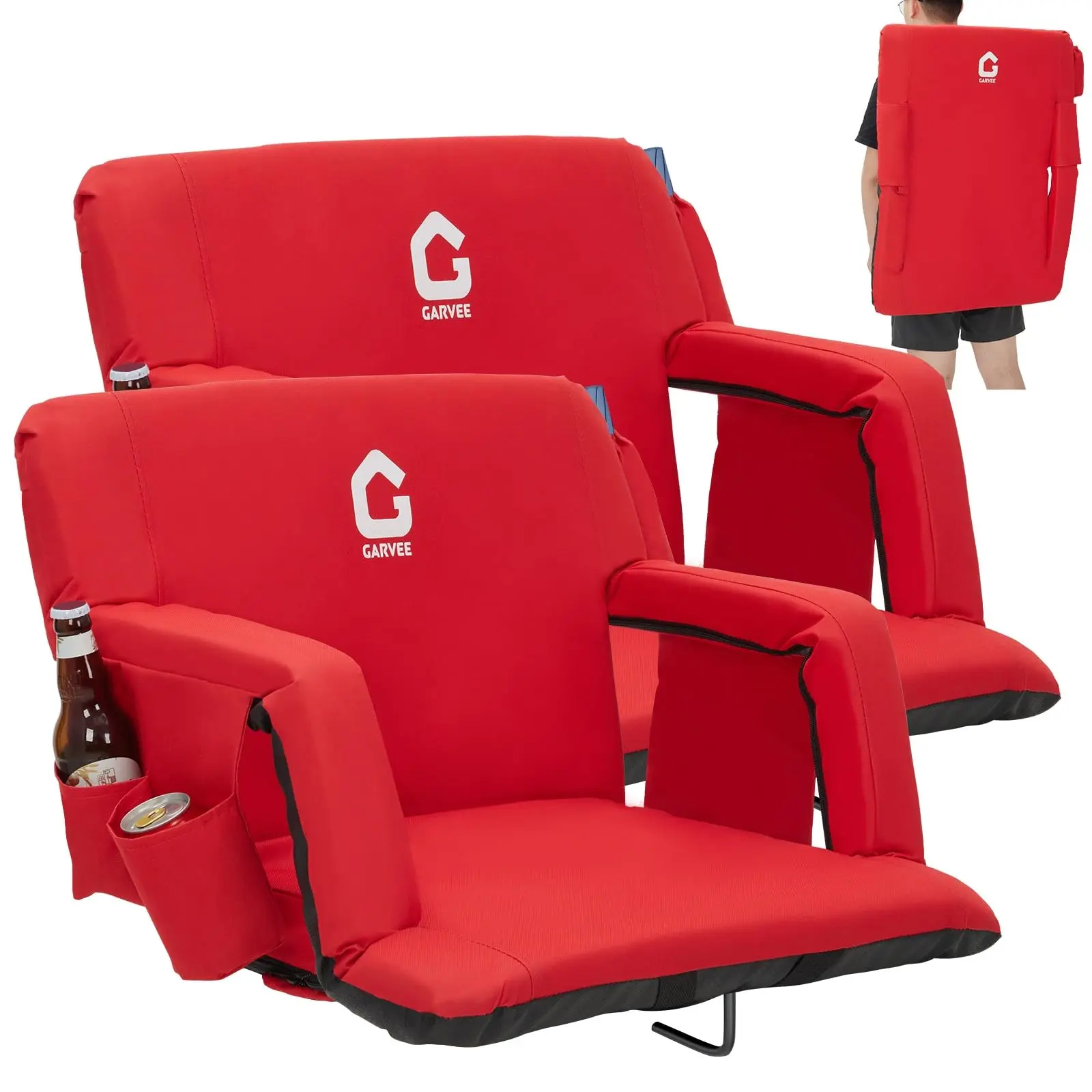 20.5in Extra Wide Stadium Seat with Back Support & Padded Cushion - Reclining Bleacher Chair with 6 Adjustable Angles, Anti-Slip Mat, with Cup Holders,Red