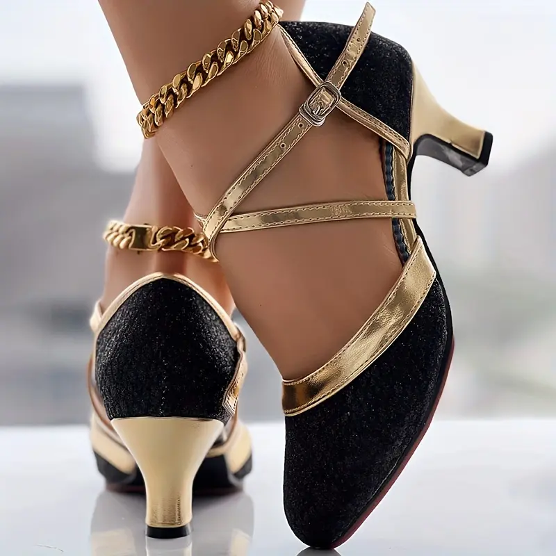 Women's Glitter D'Orsay Formal Latin Dance Shoes, Crisscross Buckle Strap Chunky Mid-Heel All-Match Dress Pumps, Formal Dance Shoes