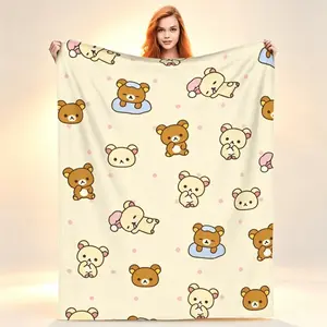 Rilakkuma Cartoon Flannel Blanket Warm Plush Throw, Soft Cozy Fleece Blanket for Sofa Bed Couch, Lightweight All Season Travel Blanket, Cute Home Decor Gift for Christmas Birthday adult children's blankets