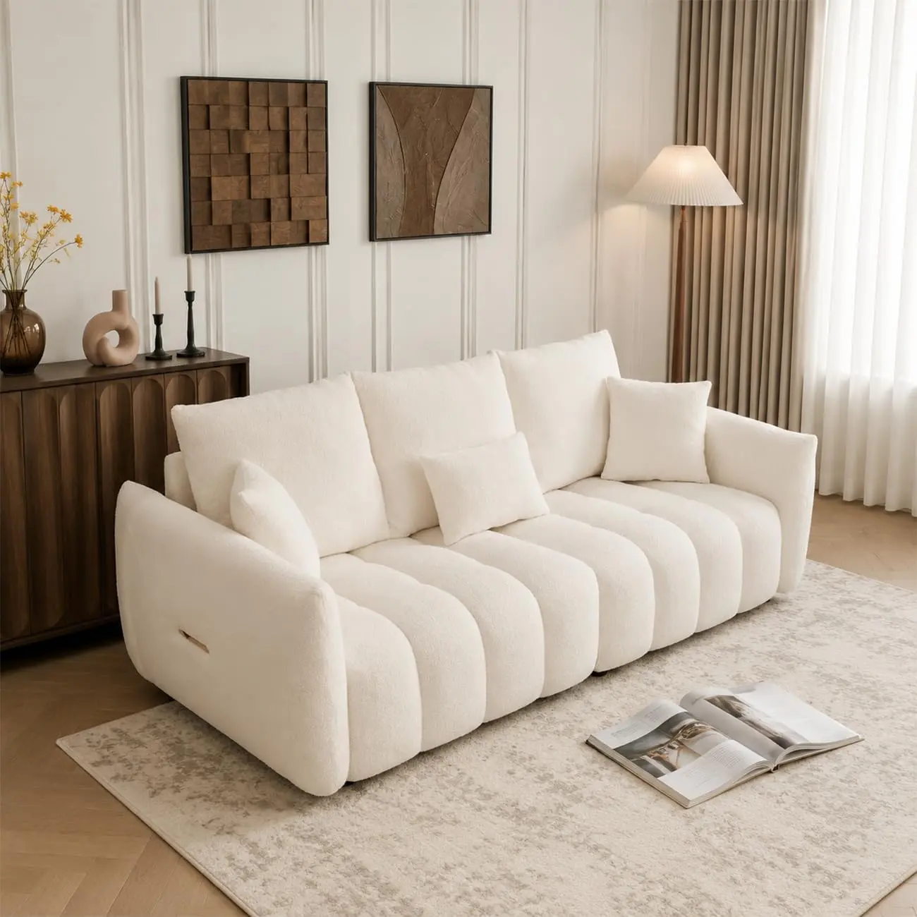 Modern Cloud Sofa Couch, 80"Teddy Bouclé 3-Seat Oversized Loveseat Sofa, Tufted Upholstered Deep Seat Fluffy Comfy Couch with 3 Pillows, Furniture for Living Room, Bedroom, Office, Apartment(Beige)
