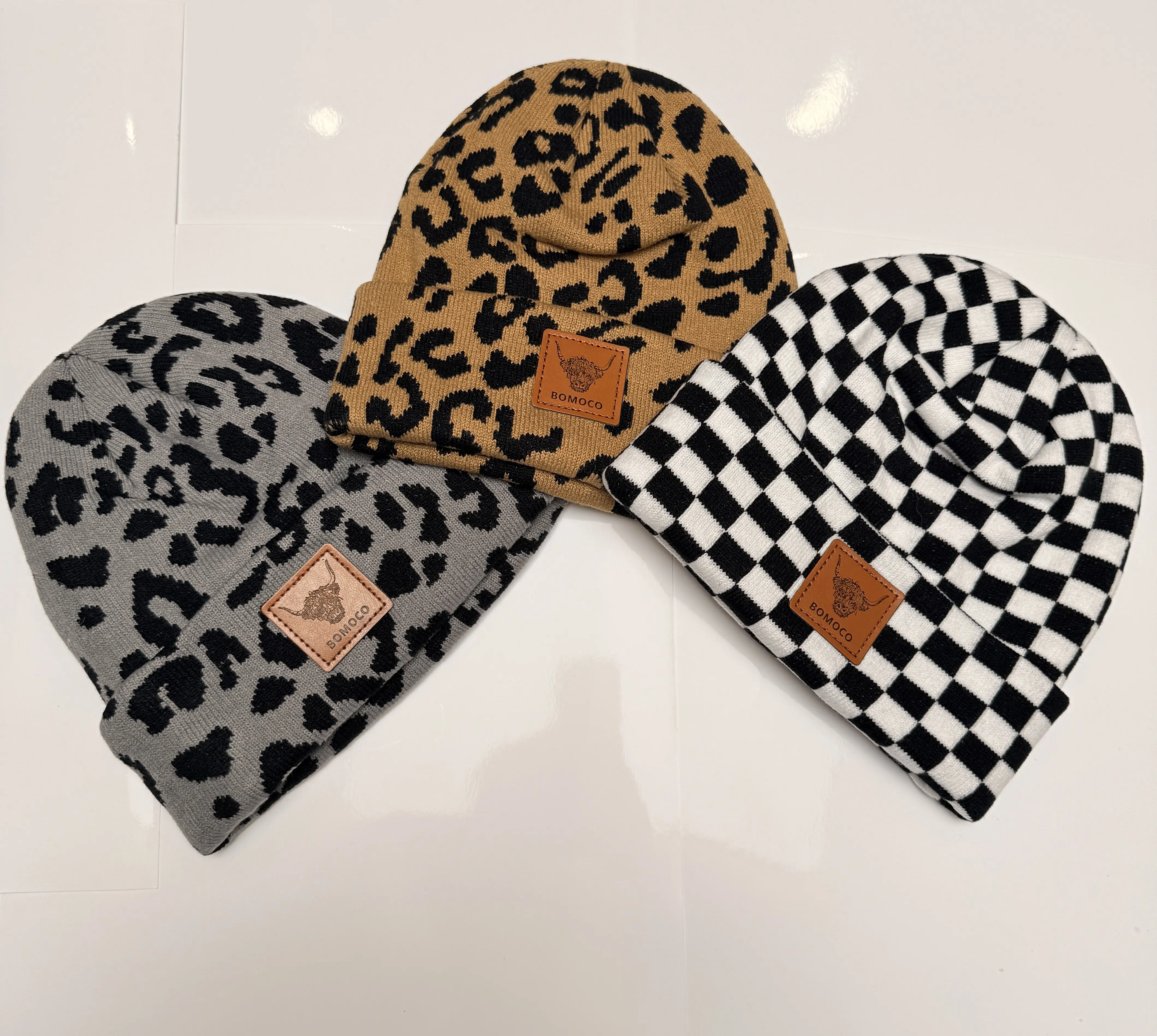 "Unisex Knit Beanie with Checkerboard & Plaid Pattern – Trendy Leopard Print Hat for Fall & Winter, Perfect Couples' Christmas Gift"
