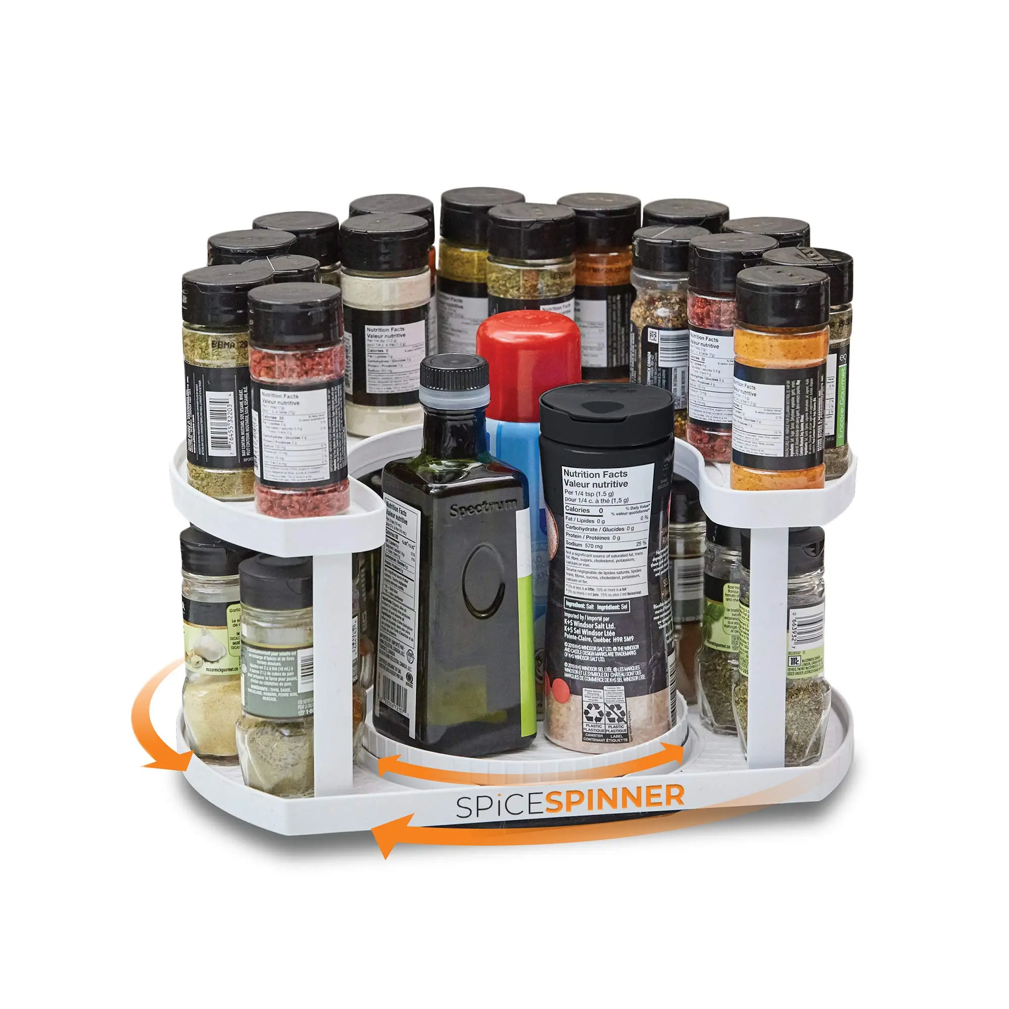 2-Tier Adjustable D-Shape Rotatable Lazy Susan Spice Rack Organizer, Holds 40 Spice Jars & Canisters, 2-Layer Durable Space-Saving Holder for Kitchen Cabinets, Countertops & Bathroom, Canister, Two Tiers