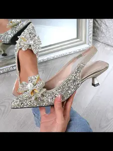 Women's Elegant Luxury Fancy Sandals Embellished Sandals Lucky Four-Leaf Clover Silver Color Sparkling Rhinestones Back Cut Pointed Toe Mid Heel Shoes Footwear Glitter Sandal